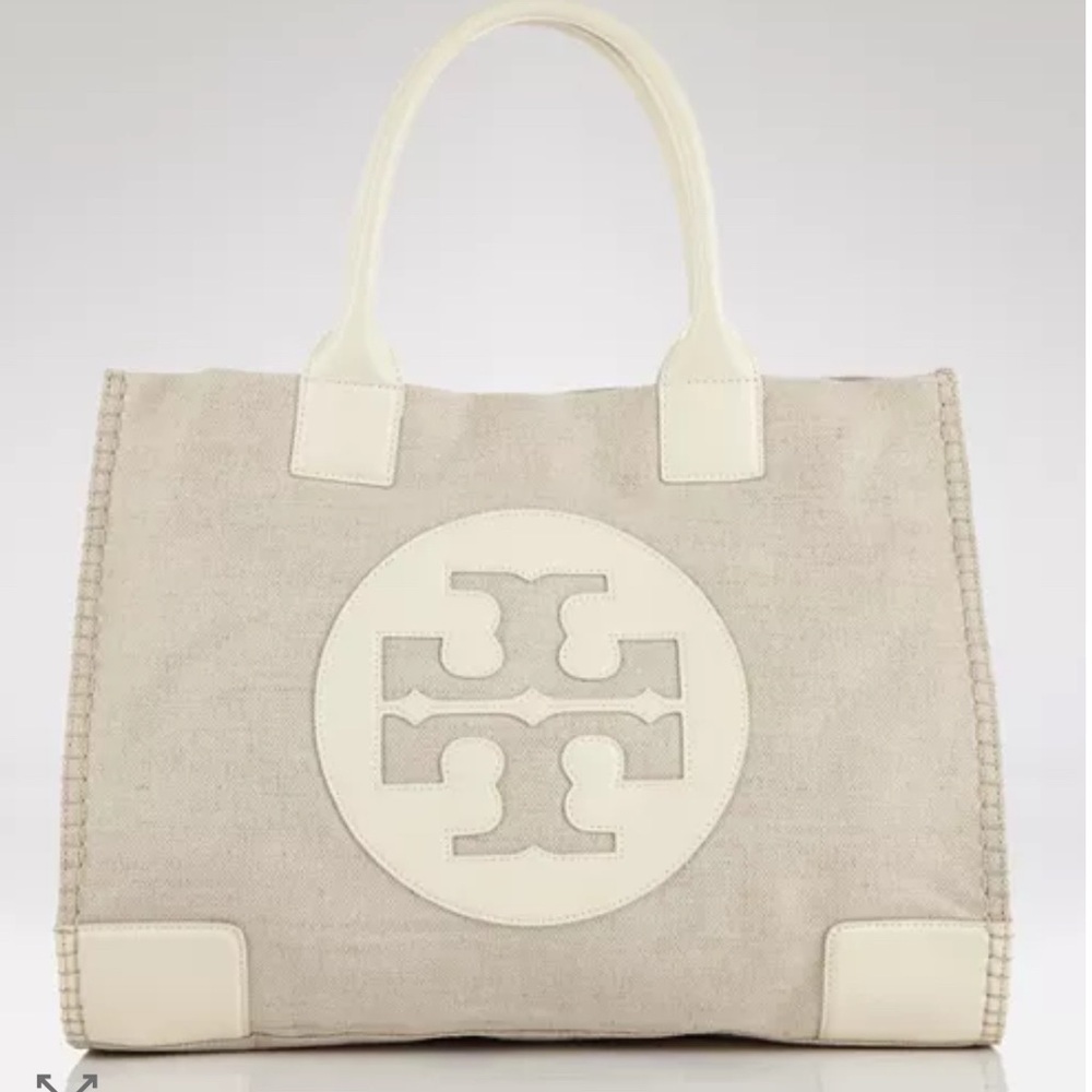 Tory Burch Ella Ivory Canvas Tote Leather Trim